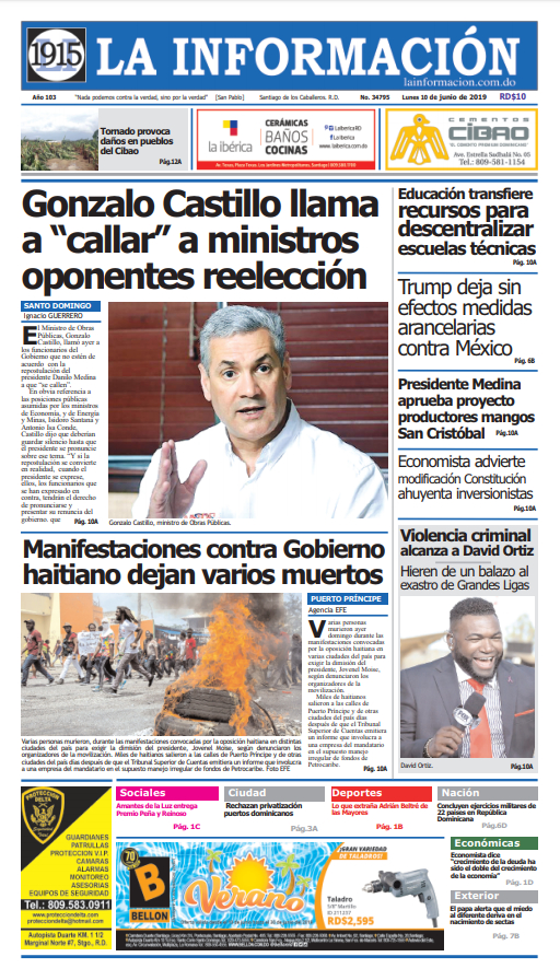 Portada Periódico La Información, Lunes 10 Junio 2019
