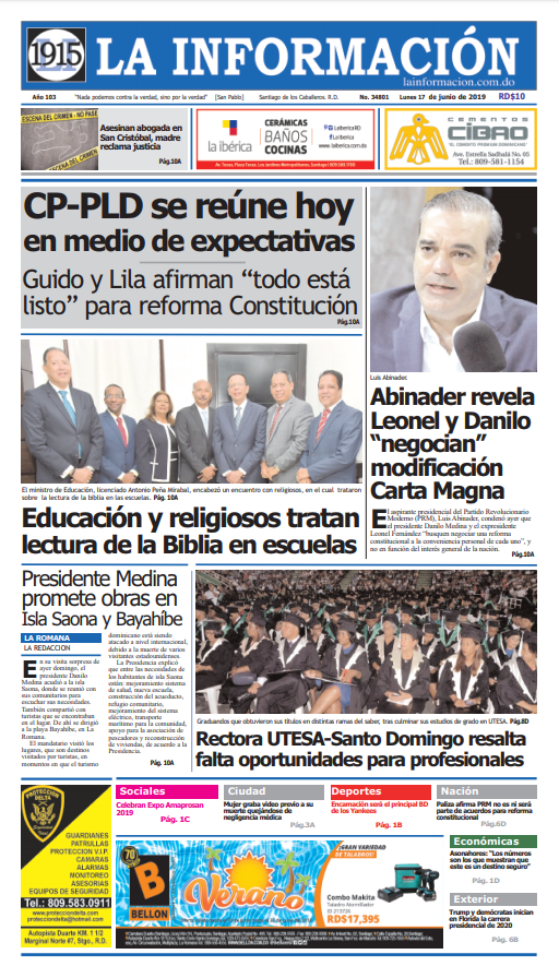 Portada Periódico La Información, Lunes 17 Junio 2019