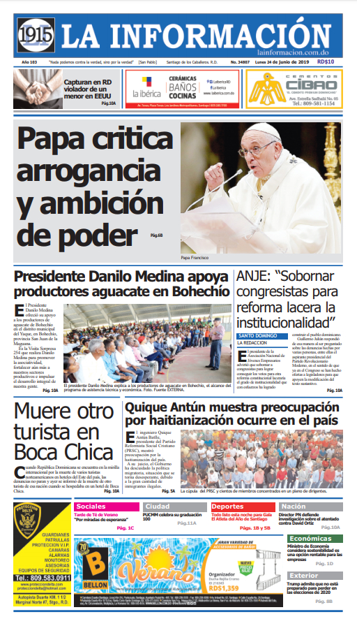 Portada Periódico La Información, Lunes 24 Junio 2019