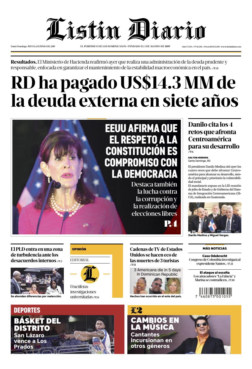 Portada Periódico Listín Diario, Jueves 06 Junio 2019