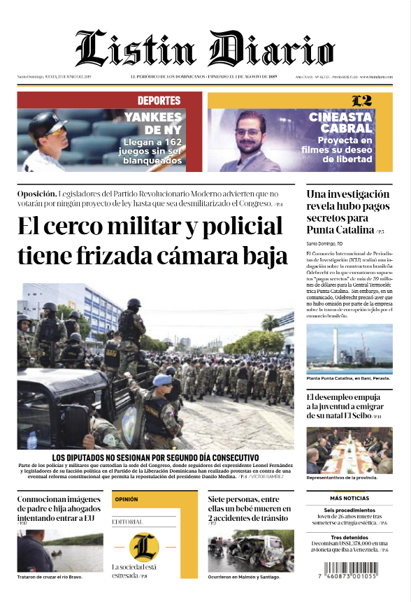 Portada Periódico Listín Diario, Jueves 27 Junio 2019