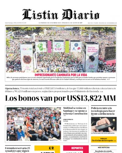 Portada Periódico Listín Diario, Lunes 03 Junio 2019