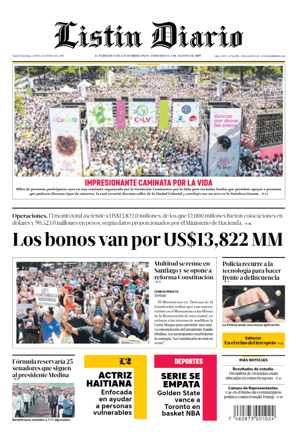 Portada Periódico Listín Diario, Lunes 03 Junio 2019