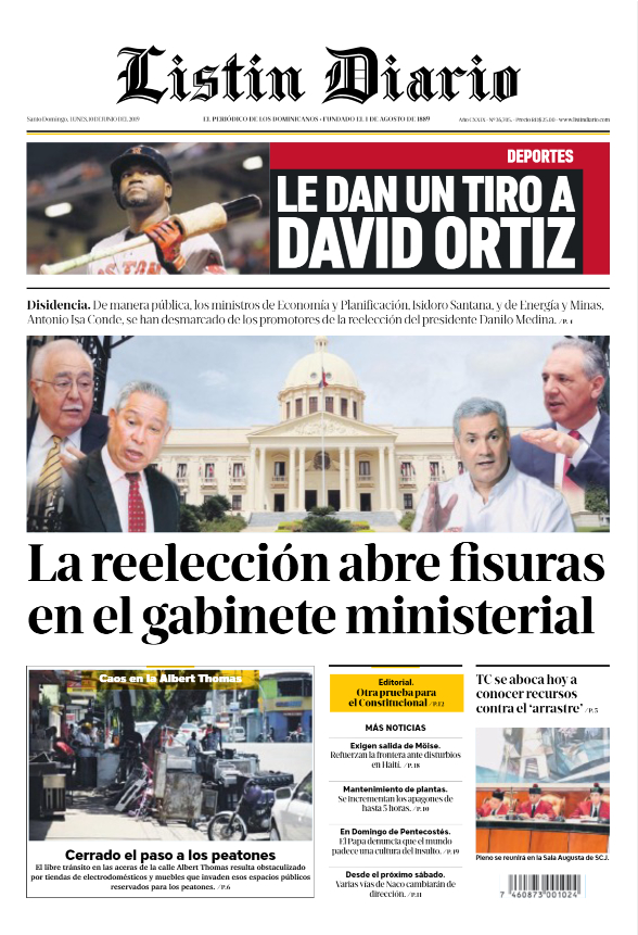Portada Periódico Listín Diario, Lunes 10 Junio 2019