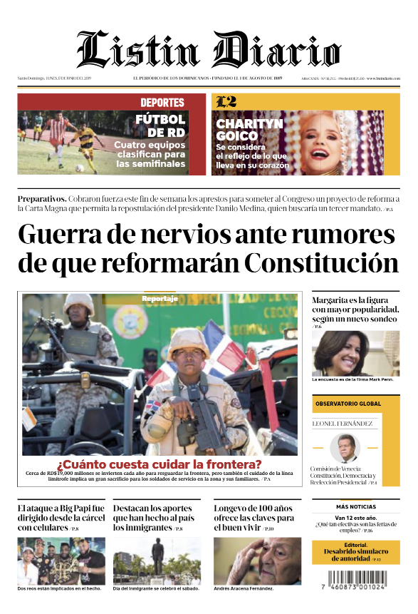 Portada Periódico Listín Diario, Lunes 17 Junio 2019