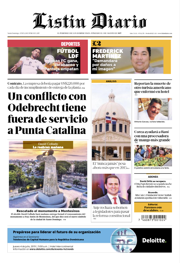 Portada Periódico Listín Diario, Lunes 24 Junio 2019