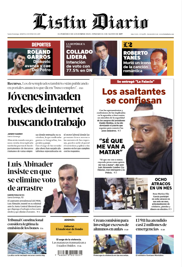 Portada Periódico Listín Diario, Martes 04 Junio 2019