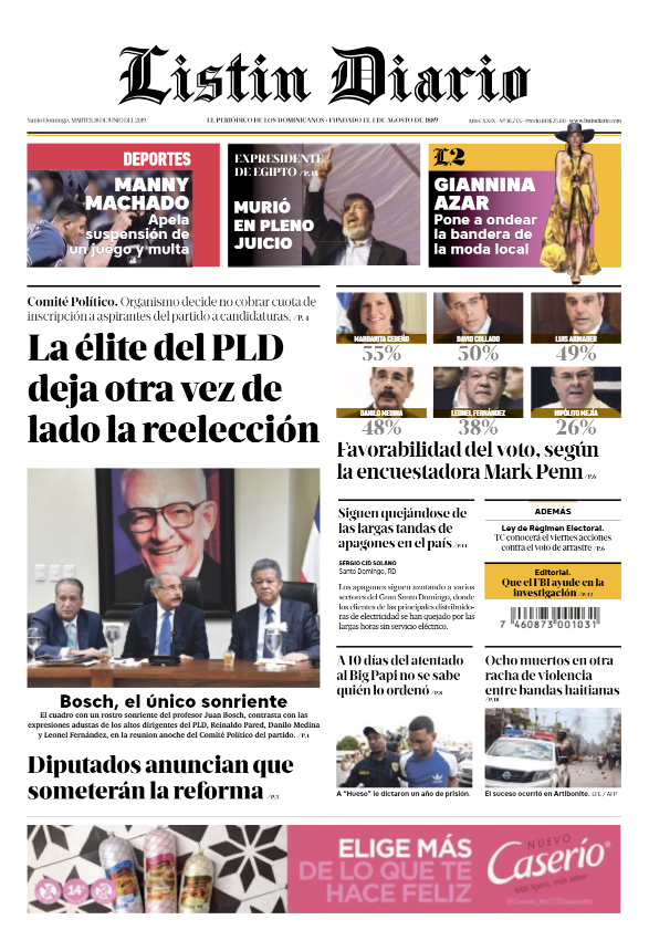 Portada Periódico Listín Diario, Martes 18 Junio 2019