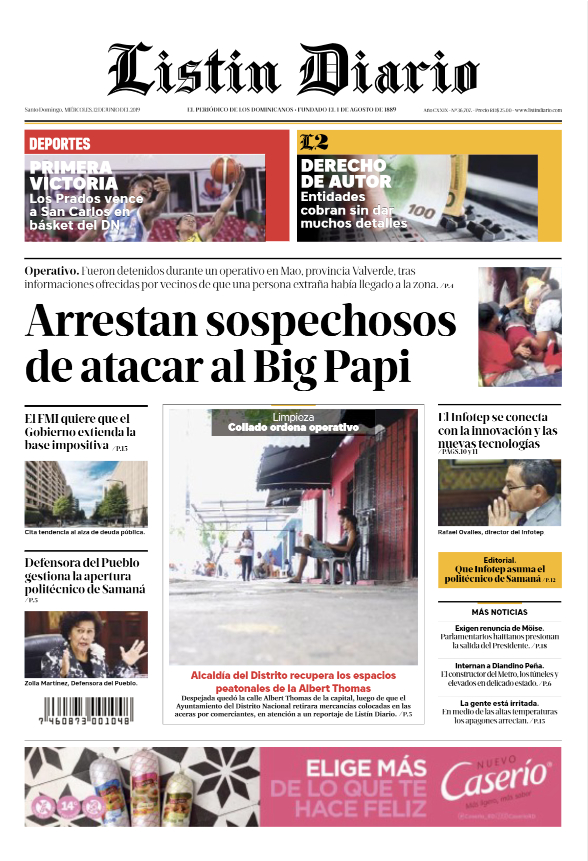 Portada Periódico Listín Diario, Miércoles 12 Junio 2019