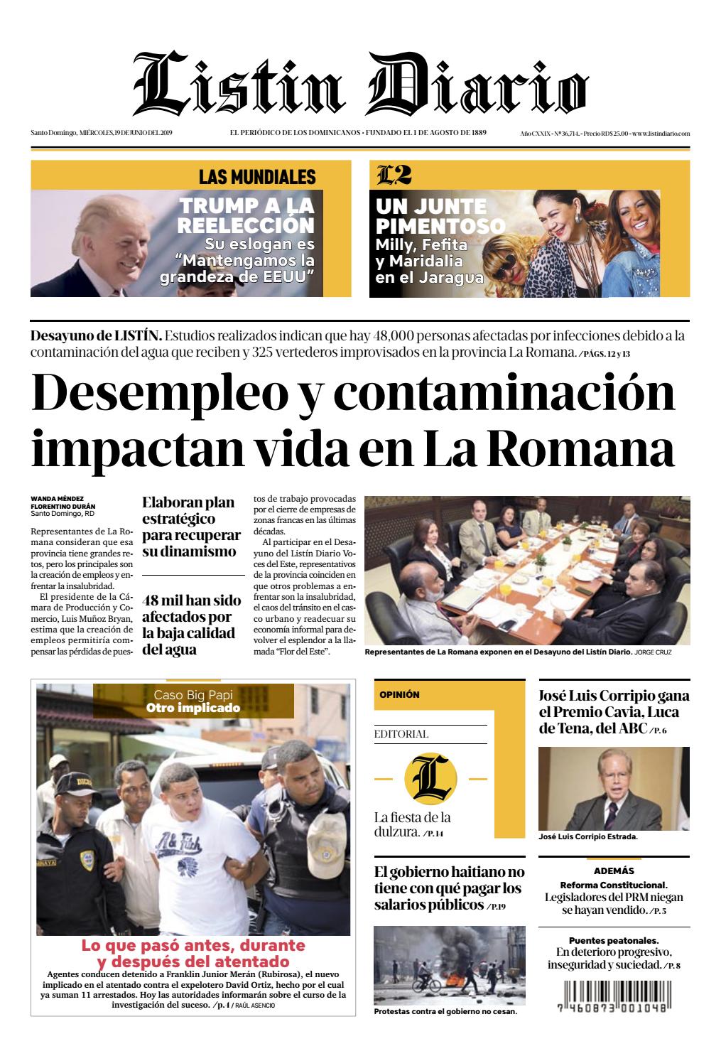 Portada Periódico Listín Diario, Miércoles 19 Junio 2019
