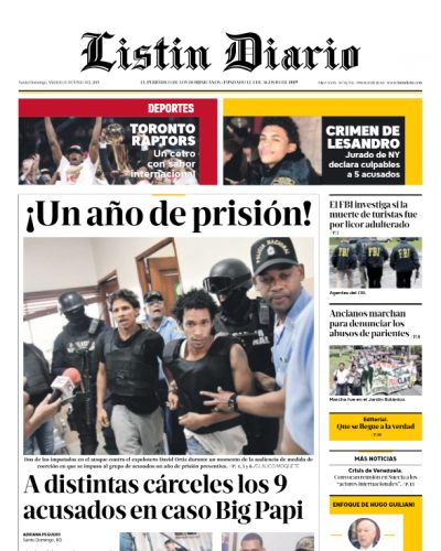 Portada Periódico Listín Diario, Sábado 15 Junio 2019