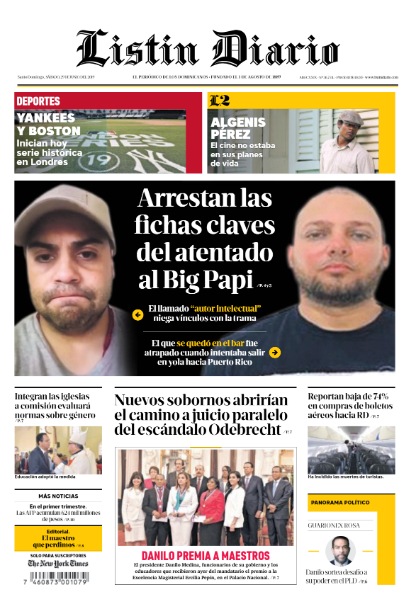 Portada Periódico Listín Diario, Sábado 29 Junio 2019