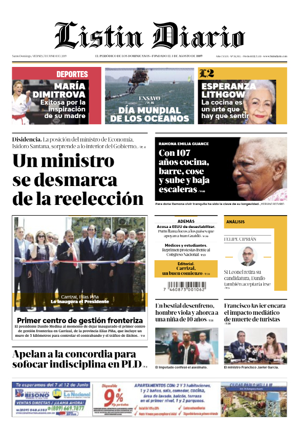 Portada Periódico Listín Diario, Viernes 07 Junio 2019