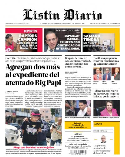 Portada Periódico Listín Diario, Viernes 14 Junio 2019