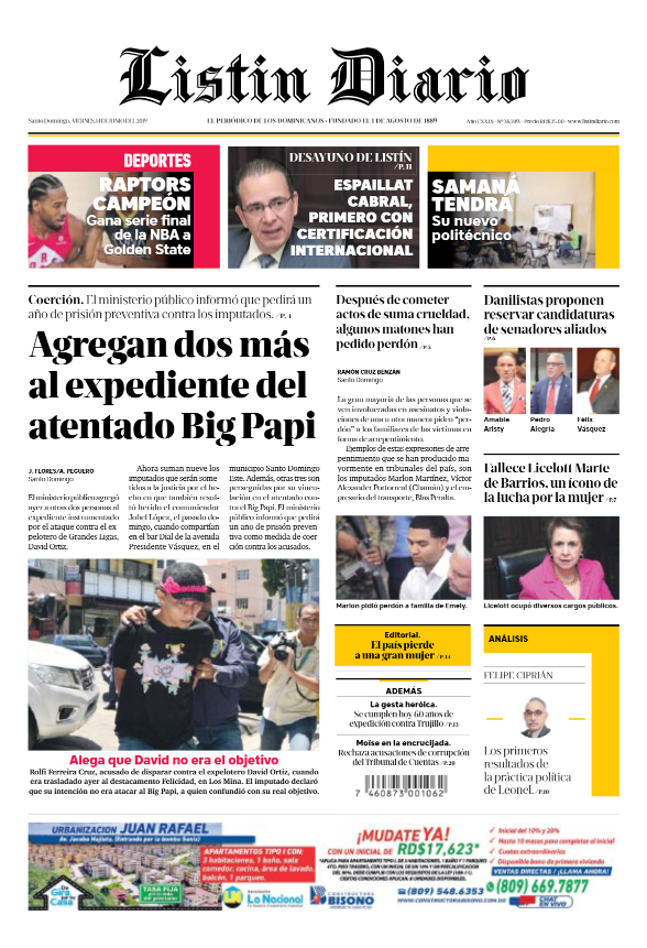 Portada Periódico Listín Diario, Viernes 14 Junio 2019