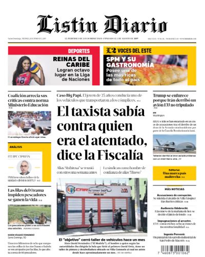 Portada Periódico Listín Diario, Viernes 21 Junio 2019