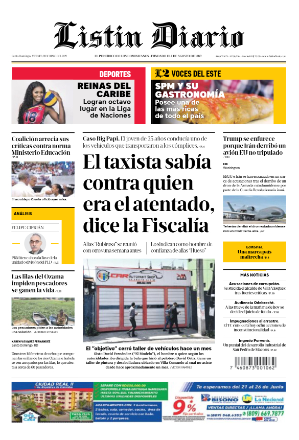 Portada Periódico Listín Diario, Viernes 21 Junio 2019