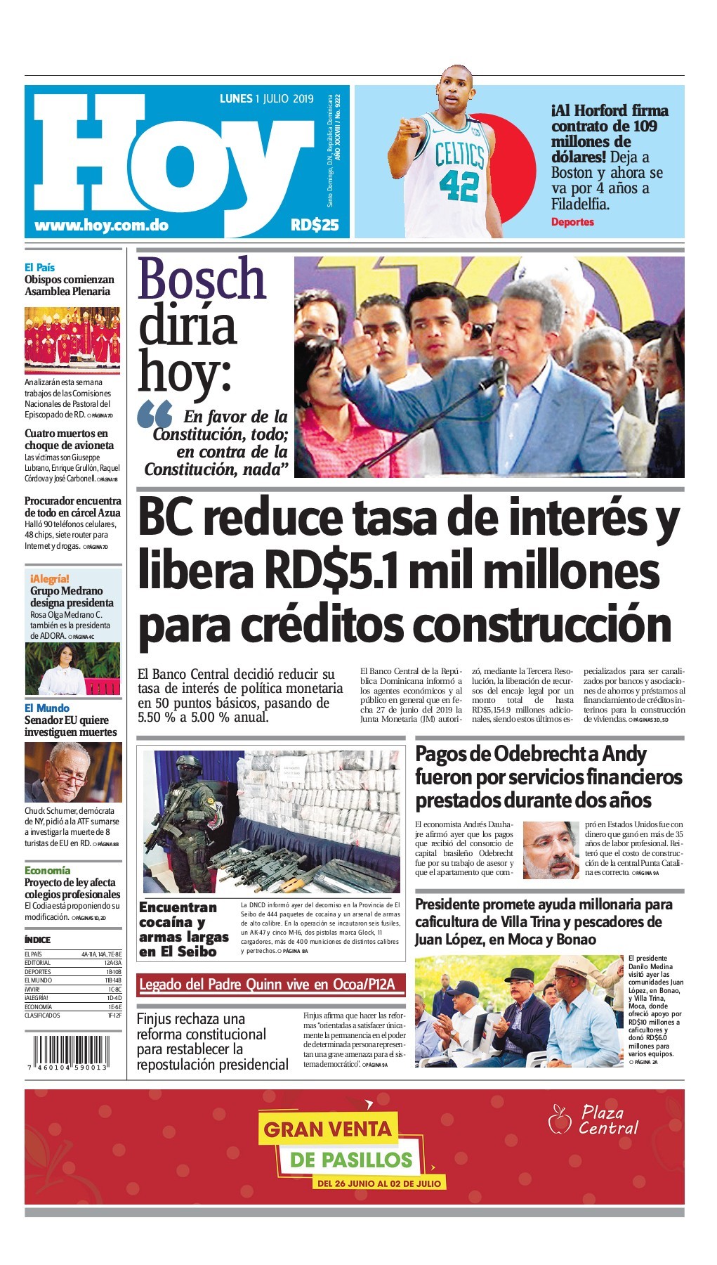 Portada Periódico Periódico Hoy, Lunes 01 de Julio, 2019 