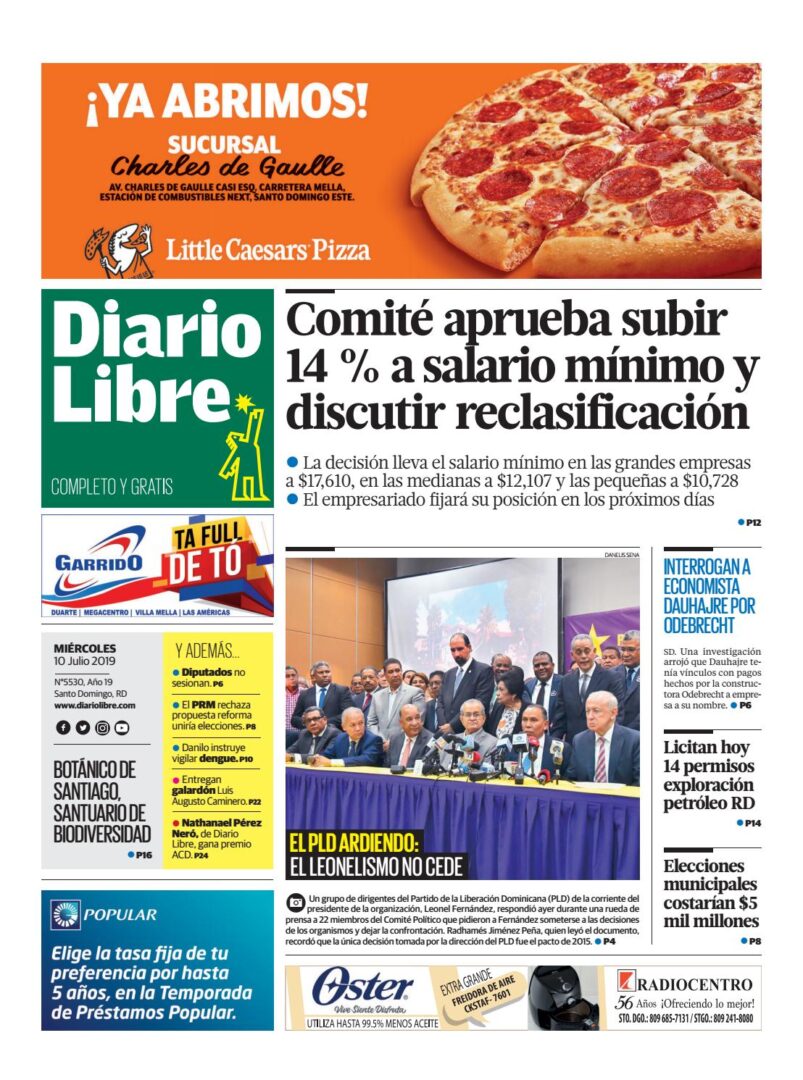 Portada Periódico Diario Libre, Jueves 11 de Julio, 2019