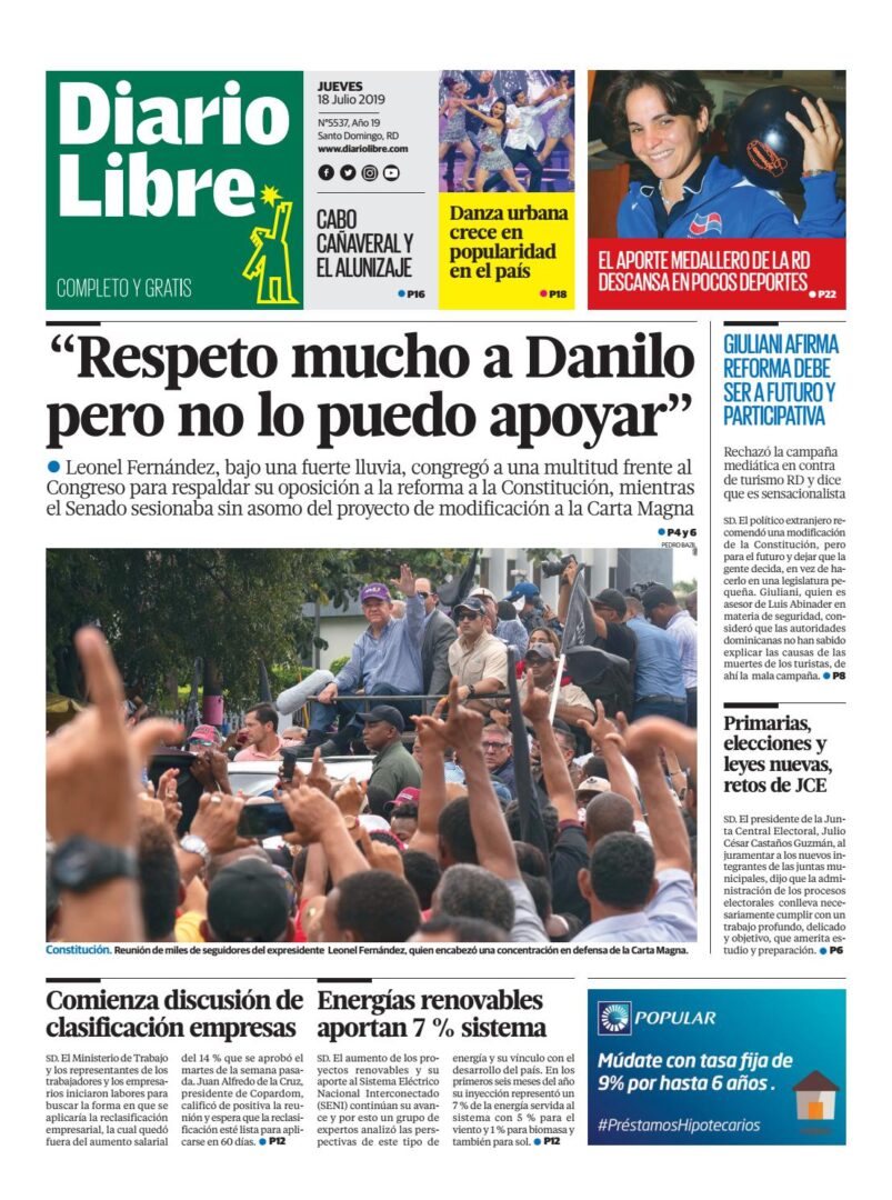 Portada Periódico Diario Libre, Jueves 18 de Julio, 2019