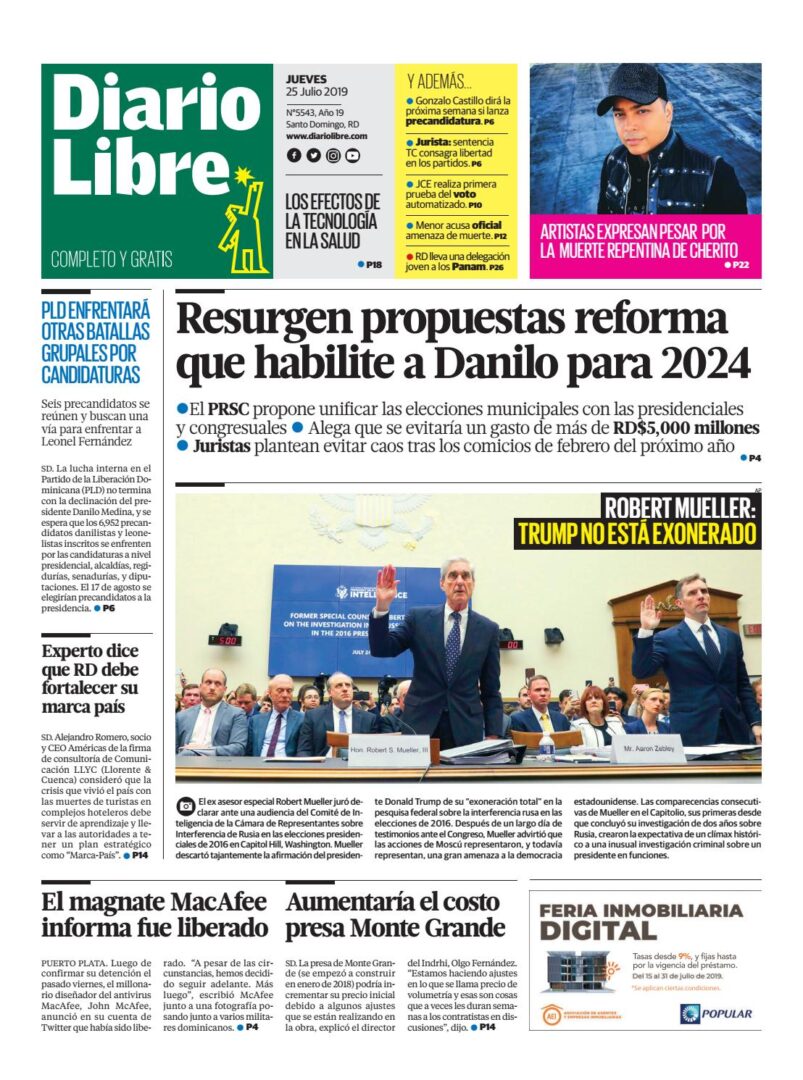 Portada Periódico Diario Libre, Jueves 25 de Julio, 2019