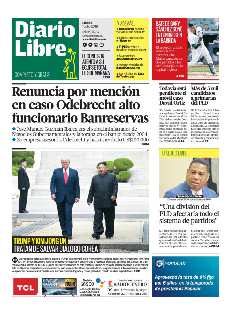 Portada Periódico Diario Libre, Lunes 01 de Julio, 2019