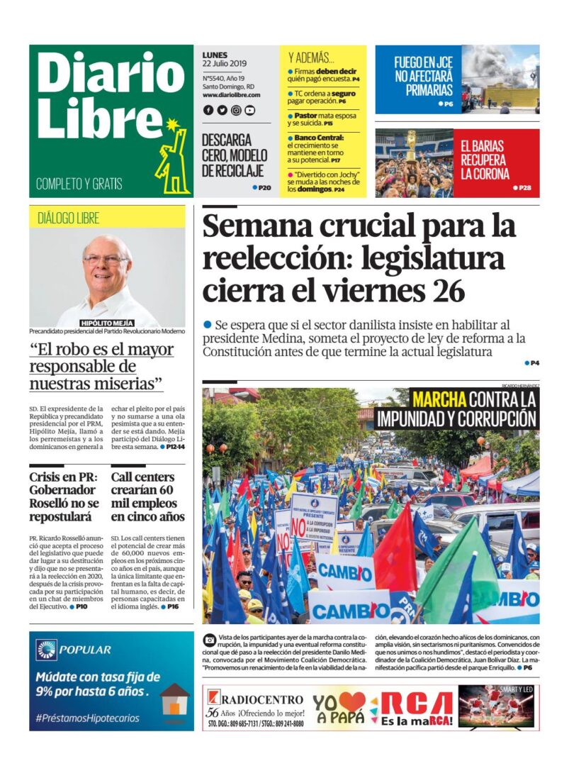 Portada Periódico Diario Libre, Lunes 22 de Julio, 2019