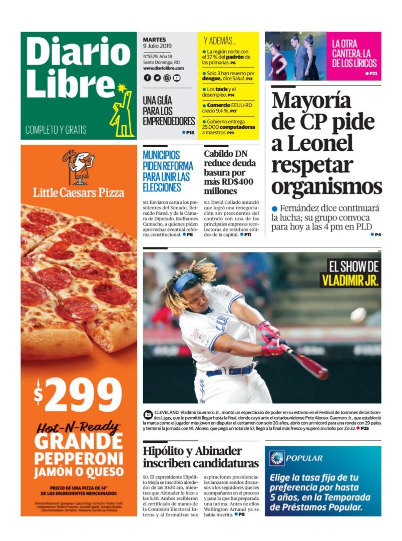 Portada Periódico Diario Libre, Martes 09 de Julio, 2019