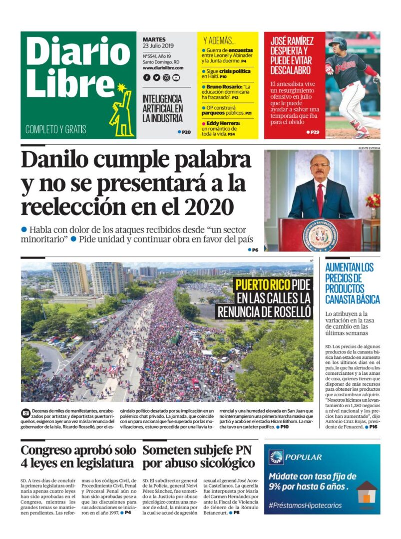 Portada Periódico Diario Libre, Martes 23 de Julio, 2019