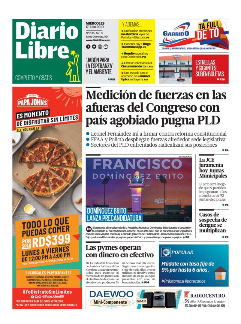 Portada Periódico Diario Libre, Miércoles 17 de Julio, 2019