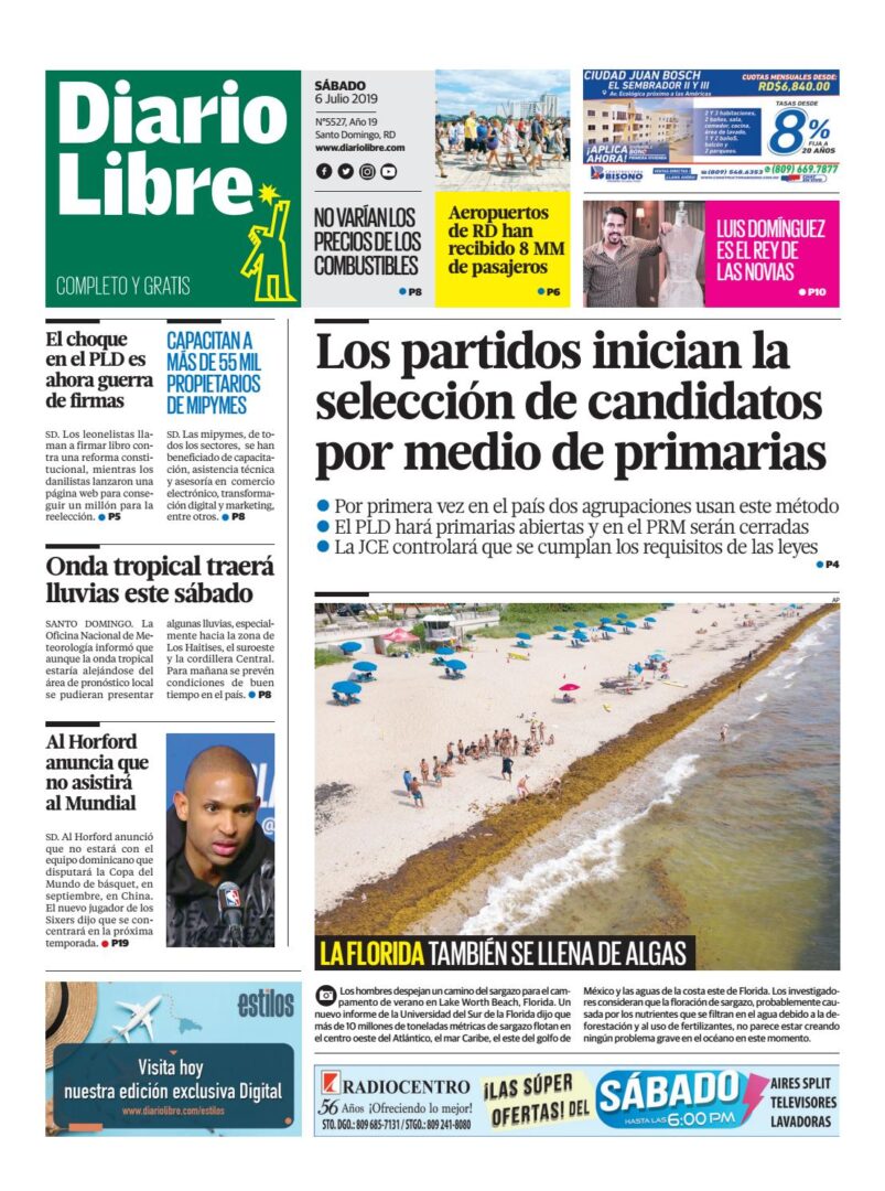 Portada Periódico Diario Libre, Sábado 06 de Julio, 2019