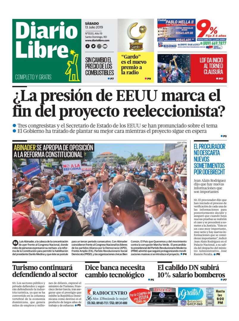 Portada Periódico Diario Libre, Sábado 13 de Julio, 2019