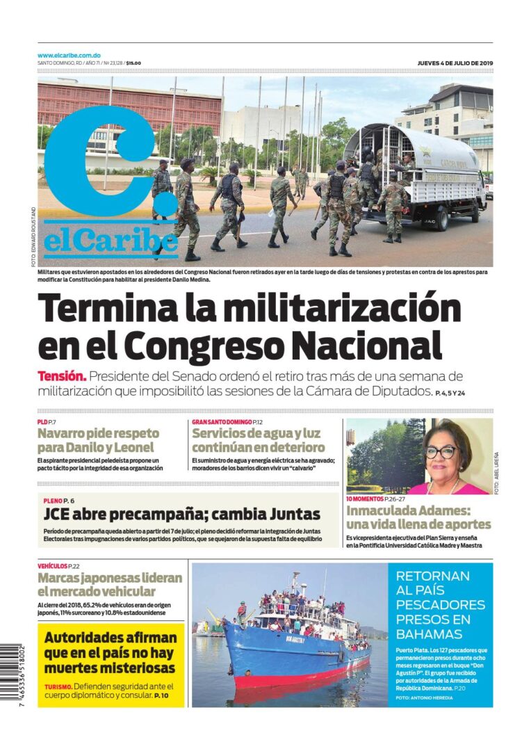 Portada Periódico El Caribe, Jueves 04 de Julio, 2019