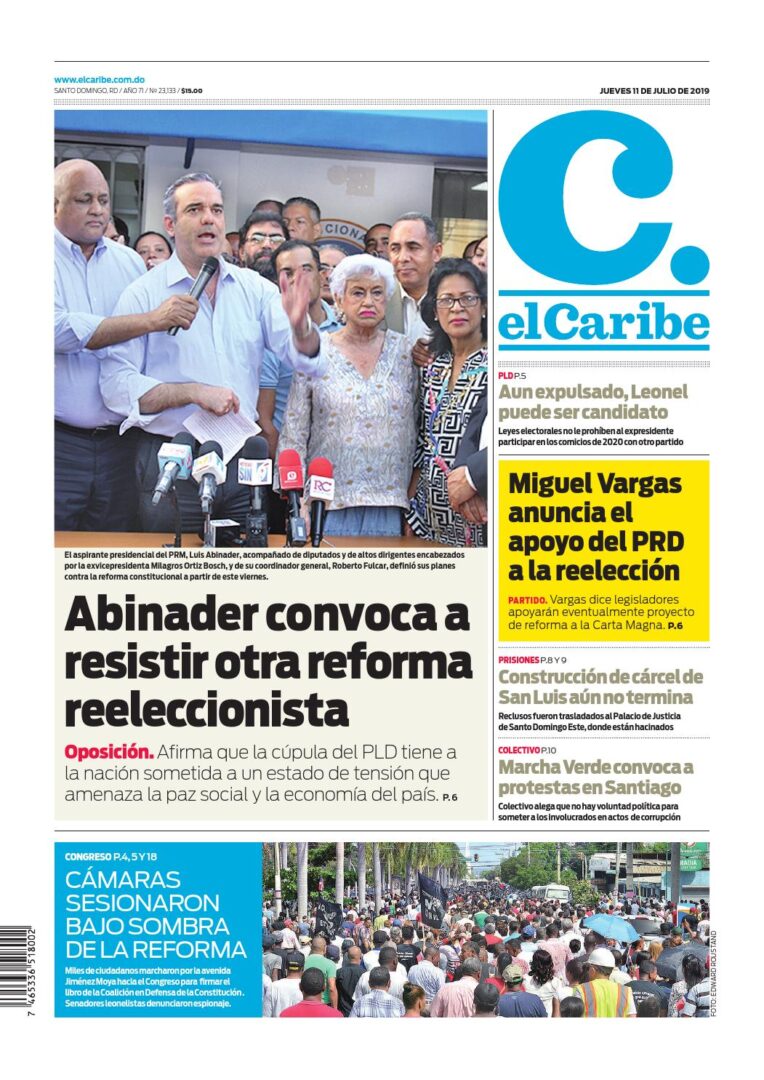 Portada Periódico El Caribe, Jueves 11 de Julio, 2019