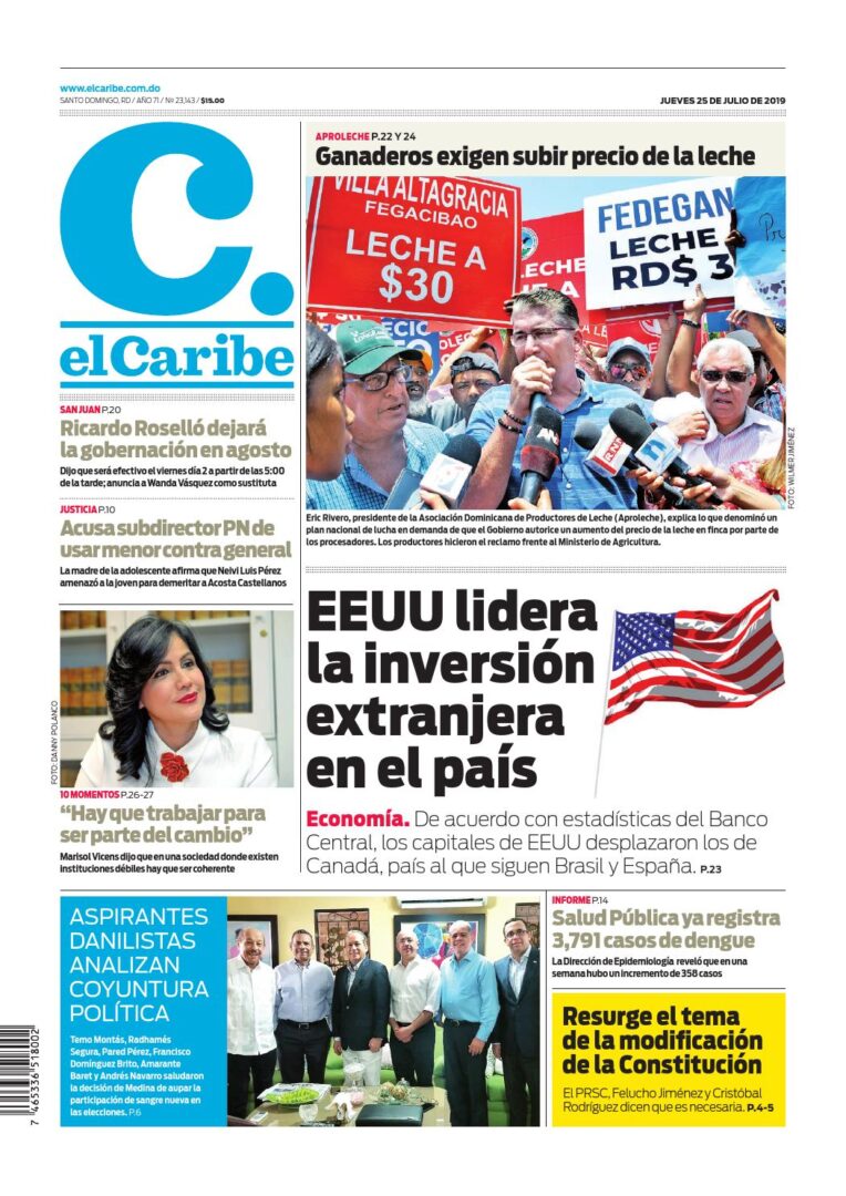Portada Periódico El Caribe, Jueves 25 de Julio, 2019