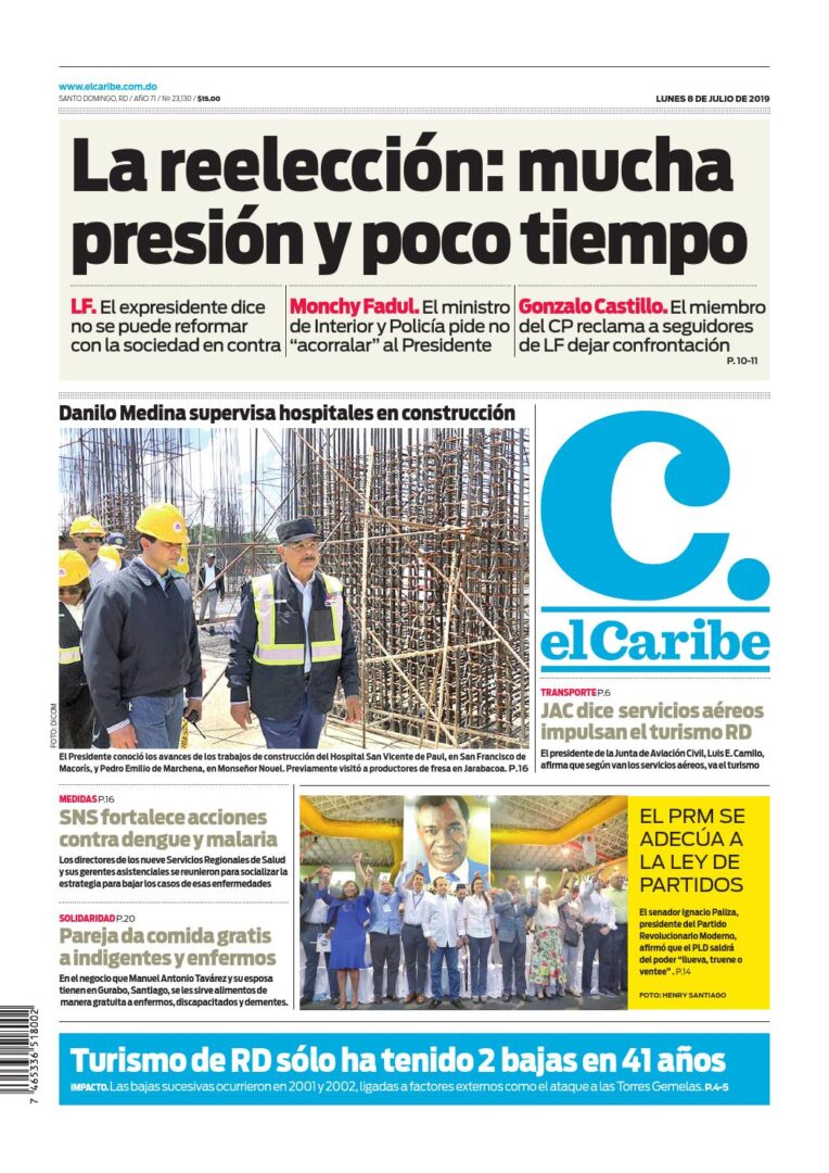Portada Periódico El Caribe, Lunes 08 de Julio, 2019