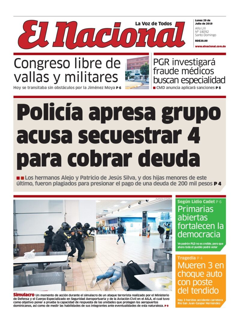 Portada Periódico El Caribe, Lunes 29 de Julio, 2019