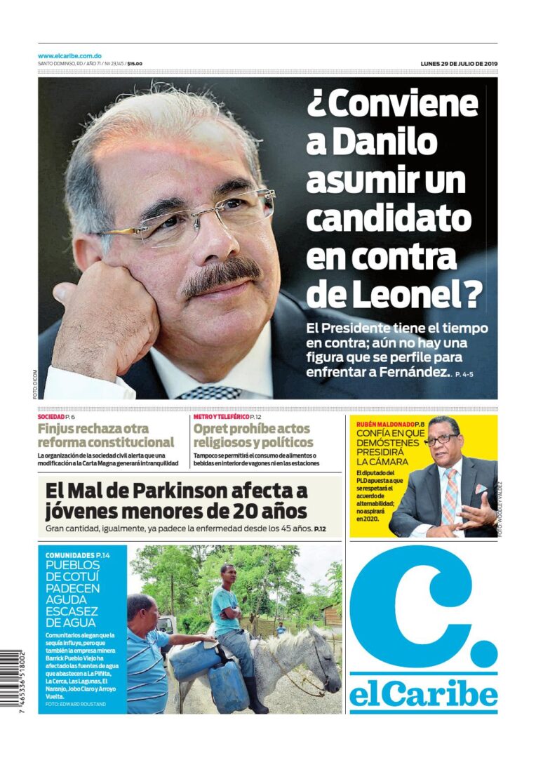 Portada Periódico El Caribe, Lunes 29 de Julio, 2019