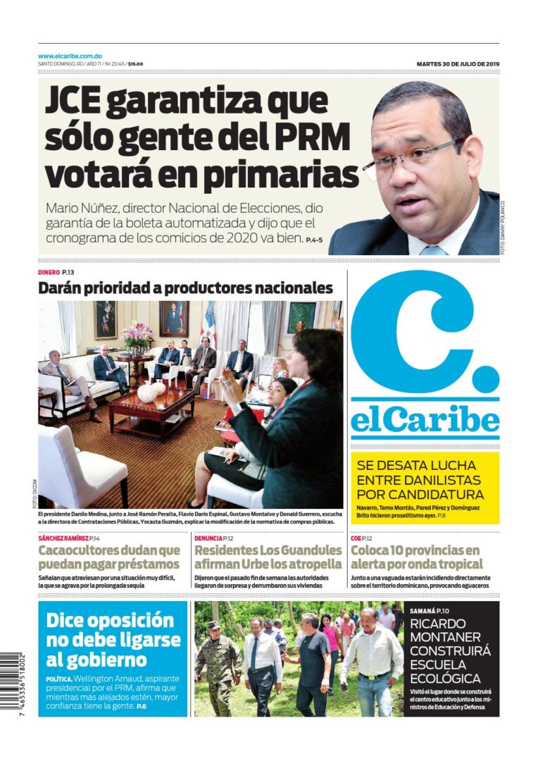 Portada Periódico El Caribe, Martes 30 de Julio, 2019