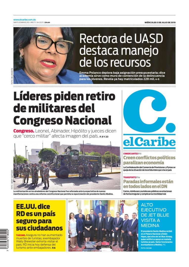 Portada Periódico El Caribe, Miércoles 03 de Julio, 2019