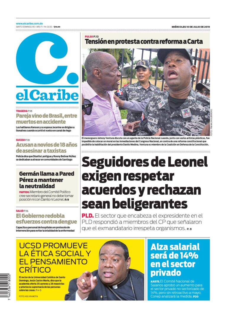 Portada Periódico El Caribe, Miércoles 10 de Julio, 2019