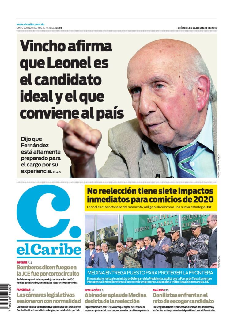 Portada Periódico El Caribe, Miércoles 24 de Julio, 2019