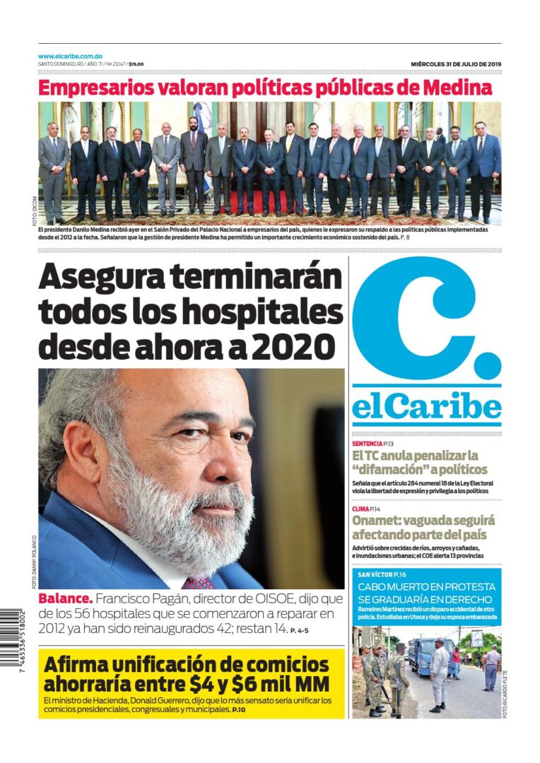 Portada Periódico El Caribe, Miércoles 31 de Julio, 2019