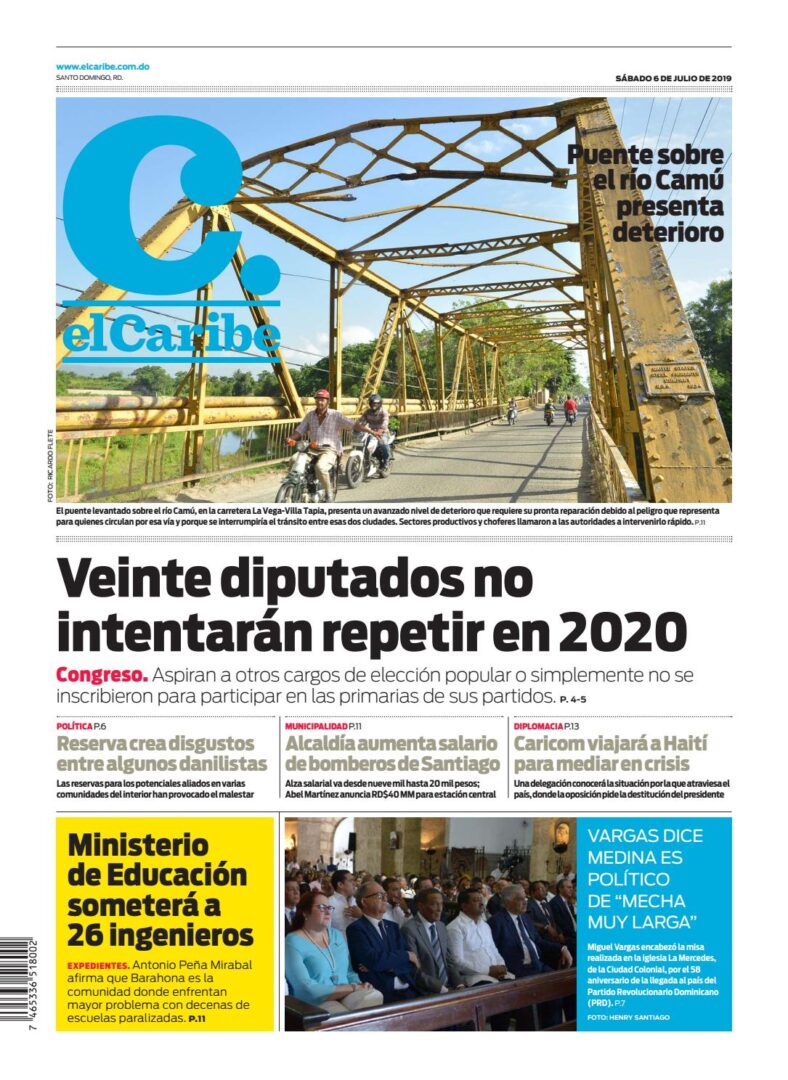 Portada Periódico El Caribe, Sábado 06 de Julio, 2019