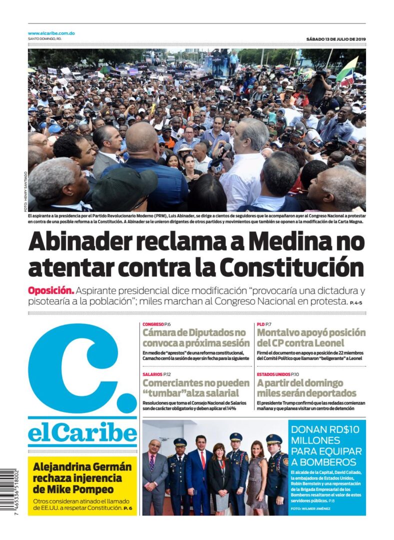 Portada Periódico El Caribe, Sábado 13 de Julio, 2019