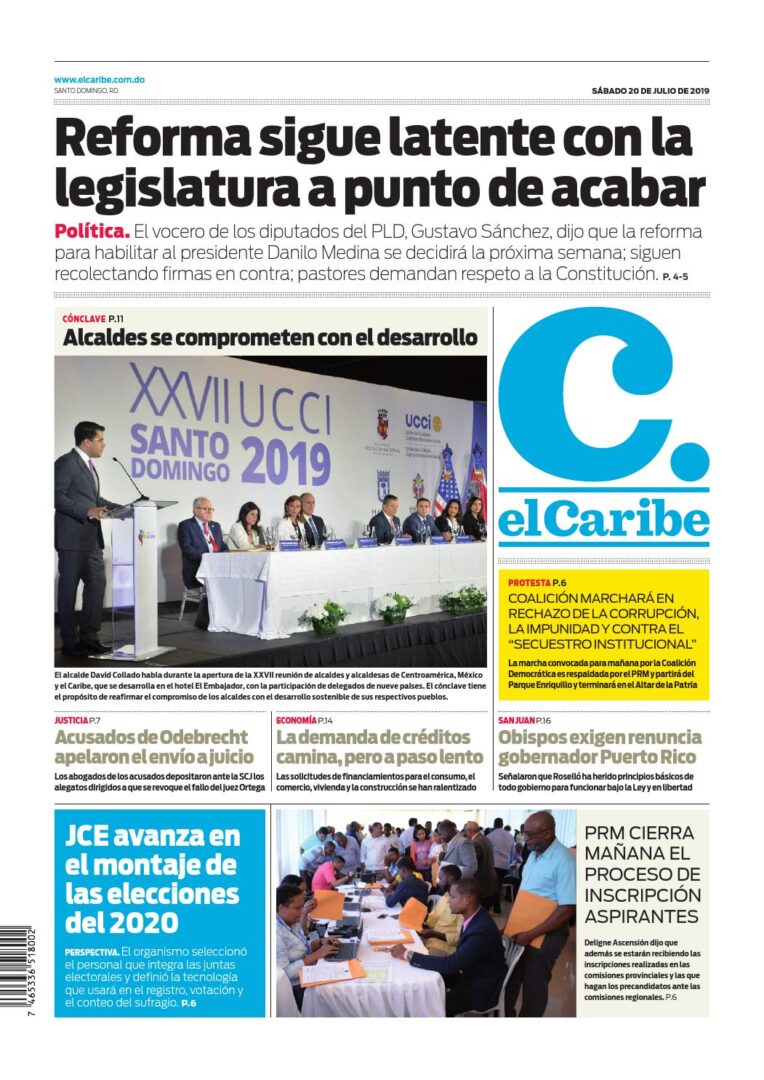 Portada Periódico El Caribe, Sábado 20 de Julio, 2019