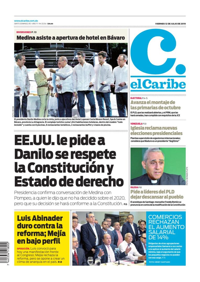 Portada Periódico El Caribe, Viernes 12 de Julio, 2019