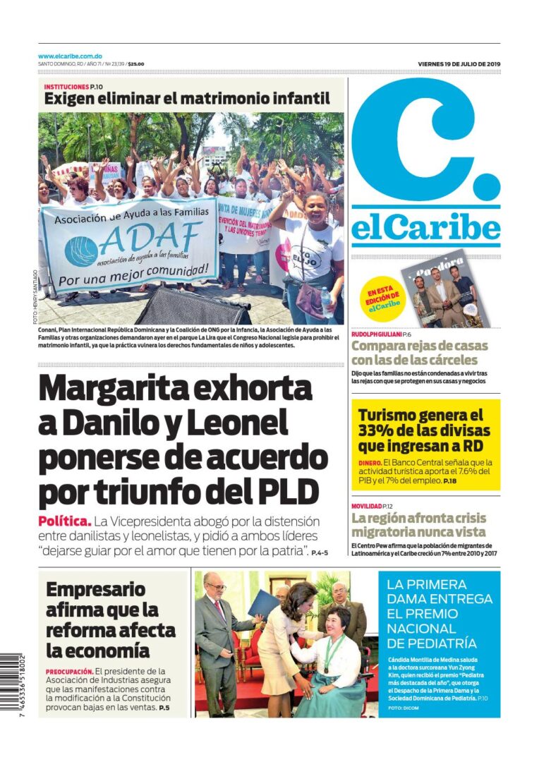 Portada Periódico El Caribe, Viernes 19 de Julio, 2019