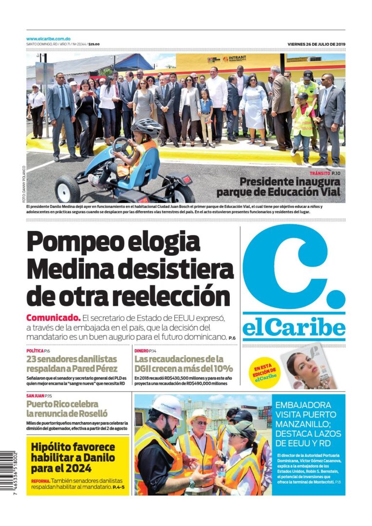 Portada Periódico El Caribe, Viernes 26 de Julio, 2019