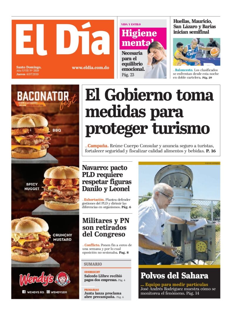 Portada Periódico El Día, Jueves 04 de Julio, 2019